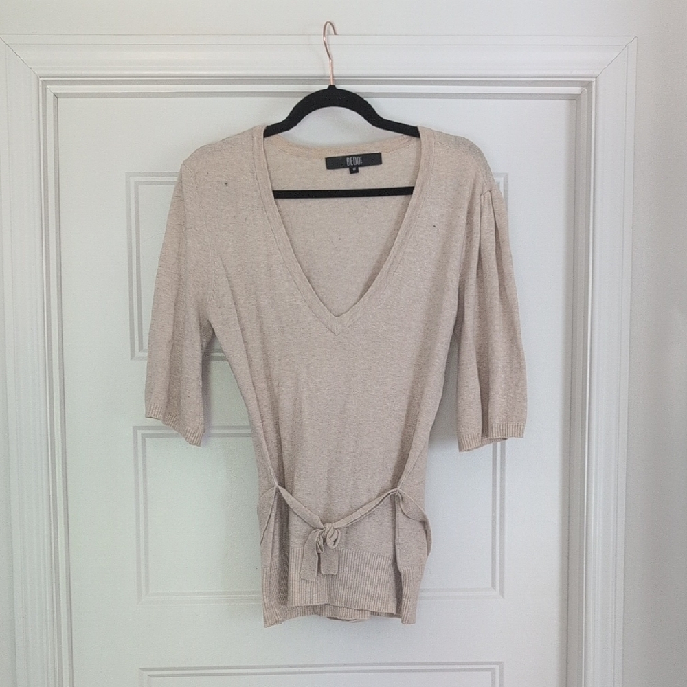 Elegant Beige V-Neck Blouse with Tie Waist